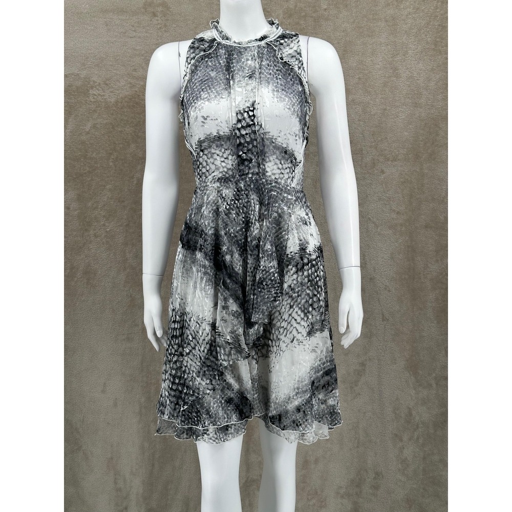 Reiss Dress‎ Womens 8 Gray Sibilla Burnout Detail Snake Print Sleeveless Ruffle